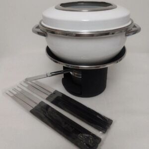 Vintage Ultimo Copco Fondue Set Porcelain Enamel Steel Pot W/6 Forks